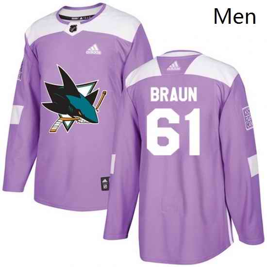 Mens Adidas San Jose Sharks 61 Justin Braun Authentic Purple Fights Cancer Practice NHL Jersey
